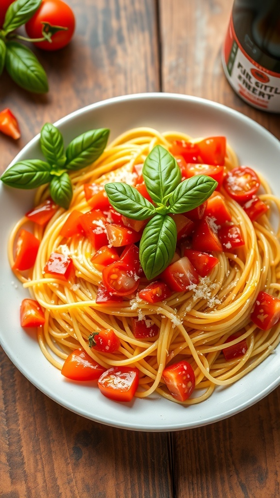 A plate of tomato basil pasta with grated Parmesan cheese on a rustic table.